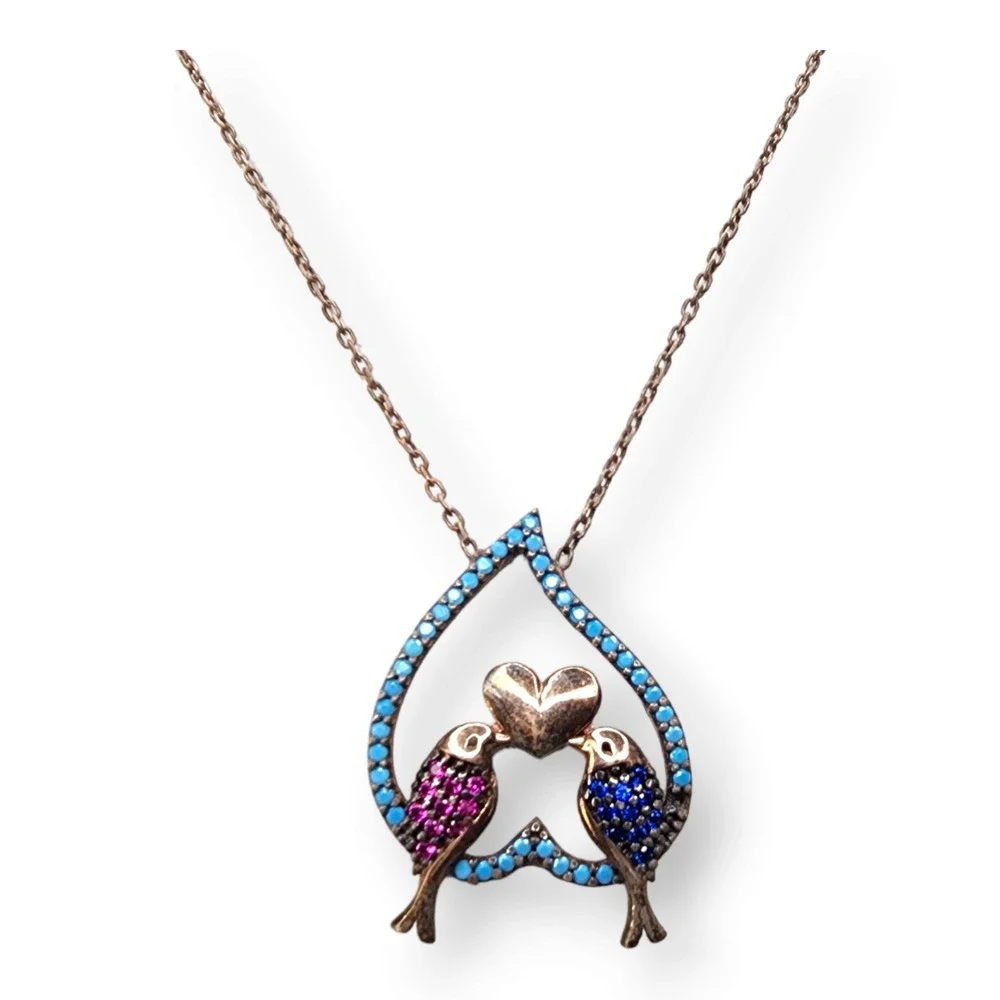 Adorable Lovebirds Necklace Sterling Silver 925 Goldwash Ruby Spinel Turquoise